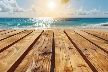 Keuken spatwand met foto Empty Wooden Planks With Blur Beach And Sea © Ahmad