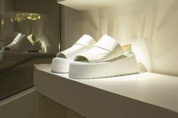 white platform sandals spotlighted on a clean, modern shelf - obrazy, fototapety, plakaty