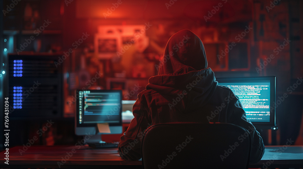 Poster a person is sitting in front of a computer with a hoodie on
