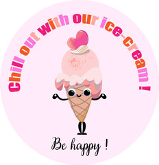 Vector sticker design of ice cream cone in kawaii style on a round 