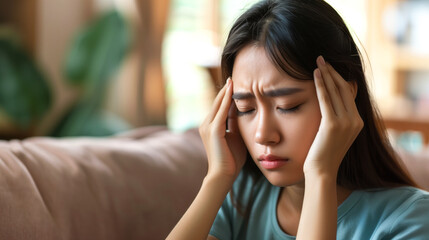 An Asian young woman experiencing dizziness, headaches, or migraine pain, suffering from vertigo while seated on a couch in the living room at home.