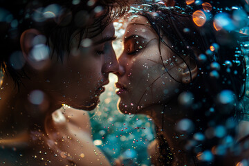 A man and woman are kissing in the rain