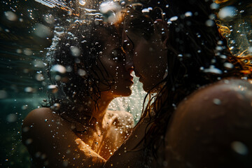 Fototapeta na wymiar Two women are kissing in the water