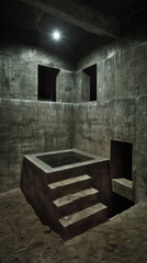 A dark, empty room with a concrete bathtub and a light shining on it