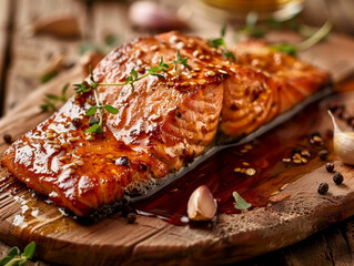 Browned butter honey garlic salmon, served on wooden table. Bright morning light. 