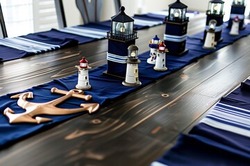 dark wood table with anchor motif, navy blue table runners, and mini lighthouses - obrazy, fototapety, plakaty