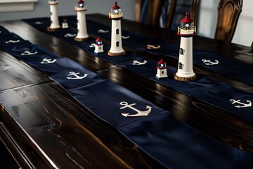 dark wood table with anchor motif, navy blue table runners, and mini lighthouses - obrazy, fototapety, plakaty