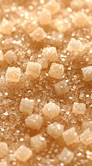 A pile of sugar cubes on a table. The sugar cubes are all different sizes and shapes