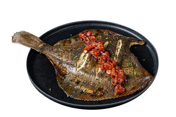 Roasted Flatfish or Flounder in a tomato sauce.  Isolated, Transparent background.