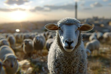 eid ul Adha Mubarak, happy Eid al Adha, sheep with moon in the background. herd of sheep with an Islamic background. - obrazy, fototapety, plakaty