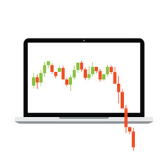 Laptop with Japanese Candlestick Chart Showing Fall Trend. Vector