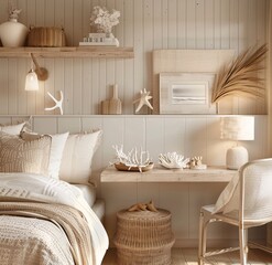 Coastal Chic A White Bedroom with a Shelf of Seashells and a Basket of Shells Generative AI