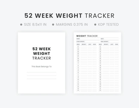 52 Week Weight Tracker Logbook Template Printable | Weight Loss Journal Letter Size