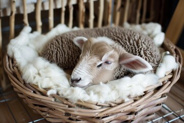 lamb curled up in wicker basket with white wool base