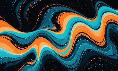  Vibrant orange teal psychedelic grainy gradient color flow wave on black background - 769432278