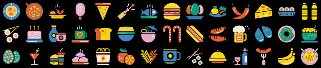 Set of 42 abstract geometric icons related to food and drinks. Swiss design aesthetics. Brutal modern contemporary figure. Collection line icon. Retro style 80s. Vector illustration - obrazy, fototapety, plakaty