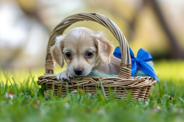 puppy with a blue bow in a wicker basket on grass - obrazy, fototapety, plakaty