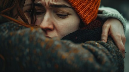 A woman comforting her best friend with a warm hug, their faces displaying empathy and solidarity. - obrazy, fototapety, plakaty