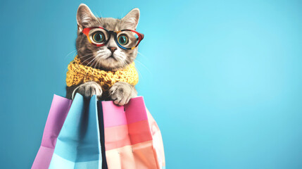 High-end romper and fashionable Creative beautiful Cat carrying multi-colored shopping bags Concept. using trendy glasses. for promotion or advertisement, copy space.