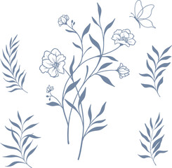 vector set beautiful blue floral wreath and leaves line art elements, botanical set elements hand drawn illustration