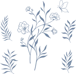 Tuinposter Aquarel natuur set vector set beautiful blue floral wreath and leaves line art elements, botanical set elements hand drawn illustration