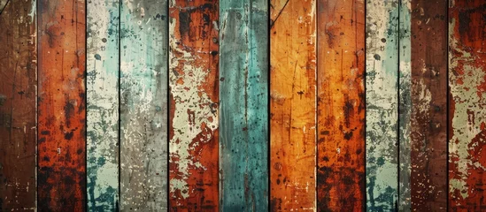Fotobehang A detailed shot showcasing a lineup of vibrant rectangular wooden boards with various tints and shades, creating a beautiful pattern reminiscent of a natural landscape art piece © pngking