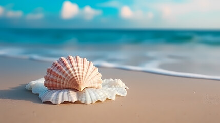 Fototapeta na wymiar Conch shells lying on the beach at sunset