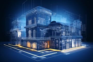 A detailed architectural blueprint of a building on a dark background