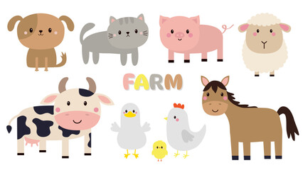 Farm animal set. Cow, sheep, pig, hen chicken, horse, dog, cat kitten icon. Cute cartoon kawaii funny baby character. Nursery decoration. Kids education. Flat design. White background Isolated. Vector