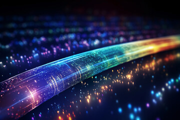 A glowing blue and purple fiber optic cable twists through a dark void - obrazy, fototapety, plakaty