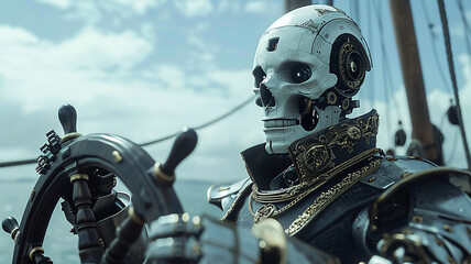 Charming 3D robot dressed in Baroque naval attire, steering a ships wheel, on the high seas