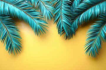 Flat-lay of green palm branches over yellow background, top view