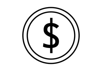Icono negro de moneda de dólar en fondo blanco.