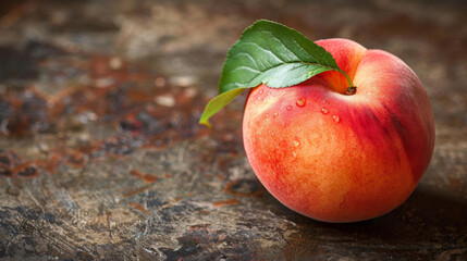 Close-up of a ripe and juicy peach with fresh dew drops, resting on a textured rustic wooden...