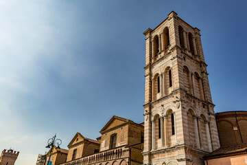 Fototapeta na wymiar Church tower lit by sun light, Comacchio, Country Italy, Region Emilia-Romagna, Province Ferrara (FE)