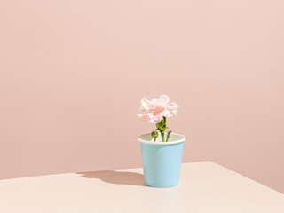 Blue eco paper coffe cup with pink flower. Concept for coffee point