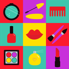 Fototapeta premium Beauty Cosmetic makeup poster, greeting card, banner icon set. Mascara, lipstick lips, eyeshadow, comb, perfume water nail polish, brushes . Valentines Day. LOVE. Flat design. White background Vector