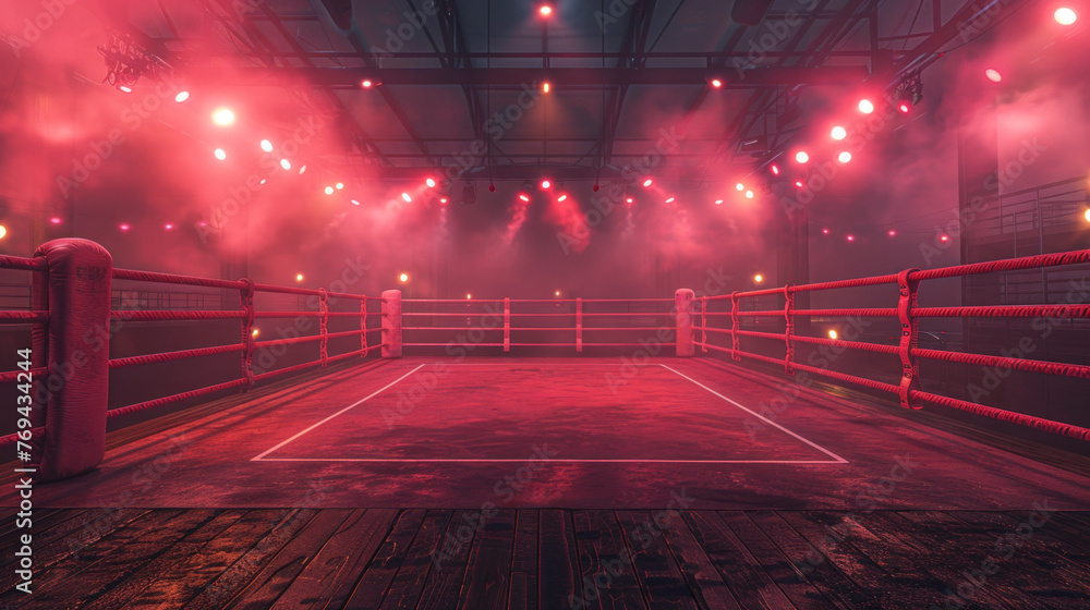 Aufkleber a spacious room filled with an array of red lights illuminating a pink boxing ring in the center.