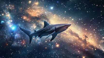 A shark swims in space concept