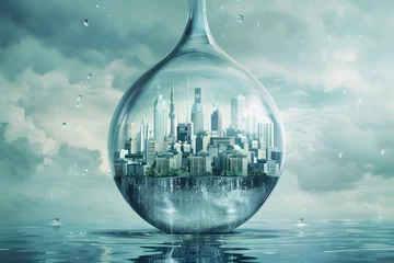 Fotobehang Skyscrapers of a big city inside a drop of water. Environmental problems concept © Marina