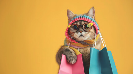 High-end romper and fashionable Creative beautiful Cat carrying multi-colored shopping bags Concept. using trendy glasses. for promotion or advertisement, copy space.