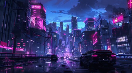 A dark and rainy cityscape with a futuristic twist. The city is full of tall buildings, bright...