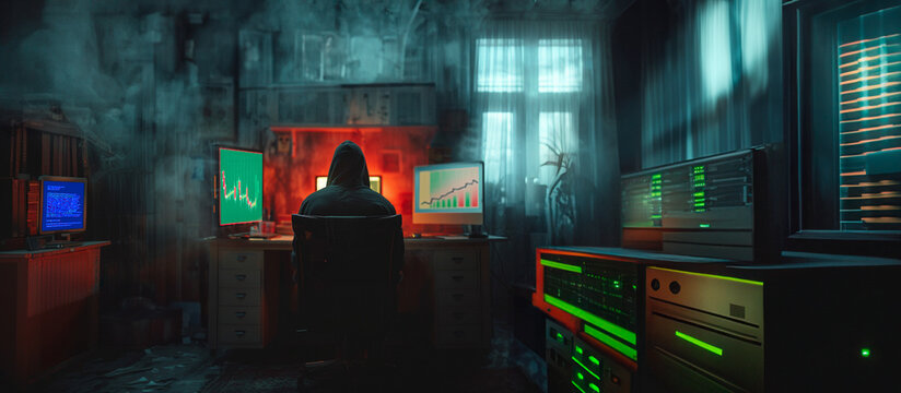 A man is sitting in front of a computer monitor with a hood over his head - Powered by Adobe