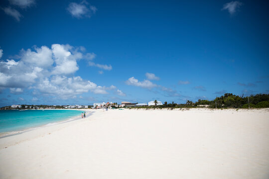 Wide Angle of White Sand Caribbean Beach, Blue Sky, Turquoise Ocean