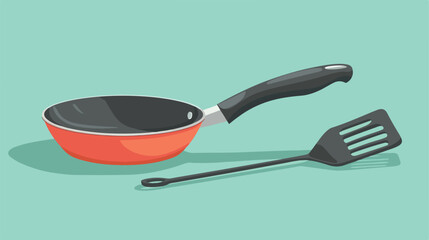 Skillet and turner kitchen utensils flat cartoon va - obrazy, fototapety, plakaty
