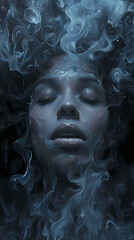 A portrait of an African American woman with her eyes closed, surrounded by swirling smoke and mist that fills the frame; Mobile phone wallpaper
