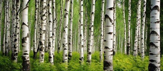 A row of birch trees, terrestrial plants with green leaves, stand tall in a natural landscape within a forest, creating a beautiful grove of wood trunks surrounded by grass