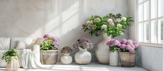 Interior decor with geocynths and hydrangea flowers in pots. - obrazy, fototapety, plakaty