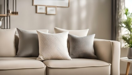 White and gray pillows setting on beige couch in living room
