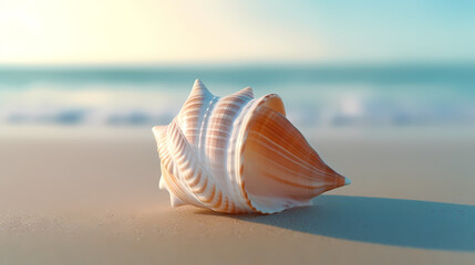 Fototapeta na wymiar Conch shells lying on the beach at sunset